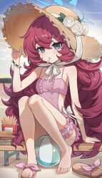  1girl absurdres ball beach beachball blue_archive blue_halo breasts burger chinese_commentary clothing_cutout commentary_request feet flower fluffy_hair food food_in_mouth frilled_one-piece_swimsuit frilled_thigh_strap frills grey_eyes halo hand_on_headwear hat hat_flower hat_string highres iroha_(blue_archive) iroha_(swimsuit)_(blue_archive) junsanholo long_hair looking_at_viewer official_alternate_costume one-piece_swimsuit outdoors pink_one-piece_swimsuit red_hair sandals side_cutout single_bare_foot sitting slides slit_pupils small_breasts solo straw_hat sun_hat swimsuit thigh_strap toes unworn_sandals very_long_hair white_flower 