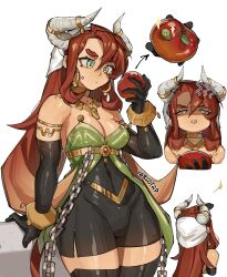  1girl absurdres annoyed black_shorts black_thighhighs breasts dress gradient_hair green_dress green_eyes high-waist_shorts highres horns long_hair medium_breasts multicolored_hair multiple_views orange_hair original red_hair shorts simple_background solo thigh-highs very_long_hair white_background white_horns yablofap 