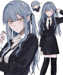  1girl absurdres bang_dream! bang_dream!_it's_mygo!!!!! black_boots black_coat black_hair black_necktie blue_hair boots closed_mouth coat hair_ribbon highres inot17 long_hair looking_at_viewer multiple_views necktie one_eye_closed one_side_up open_mouth puchisshu ribbon sidelocks thigh_boots togawa_sakiko yellow_eyes 