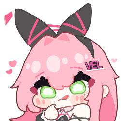  1girl animal_ears bare_shoulders bdsm bondage bound chibi commentary detached_collar fake_animal_ears goddess_of_victory:_nikke green_eyes hair_intakes heart highres kiwichip licking_lips long_hair looking_at_viewer pink_hair playboy_bunny rabbit_ears sidelocks solo tongue tongue_out untranslatable_commentary upper_body velvet_(nikke) white_background 