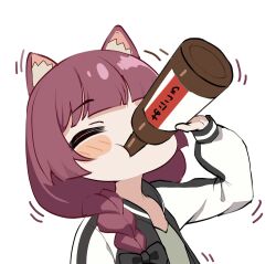  1girl agm animal_ears beer_bottle black_jacket blunt_bangs blush_stickers bocchi_the_rock! bottle braid cat_ears chugging commentary_request deformed dress drinking green_dress hair_over_shoulder highres hiroi_kikuri jacket korean_commentary long_sleeves red_hair single_braid solo track_jacket translation_request upper_body 