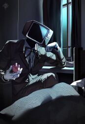  2boys baksa_030 black_jacket black_pants black_suit braun_(gwechul) commentary_request dual_persona gloves gwechul highres holding holding_stuffed_toy indoors jacket kim_soleum korean_commentary layered_sleeves long_sleeves moonlight multiple_boys neck_ribbon night object_head pants ribbon shirt sleeping stuffed_animal stuffed_rabbit stuffed_toy suit suit_jacket suit_pants white_gloves white_shirt 