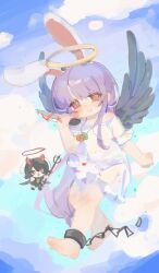  2girls absurdres alternate_costume angel animal_ears barefoot black_hair black_wings carrot_necklace chain closed_mouth commentary cuffs demon demon_horns dress fallen_angel feathered_wings full_body gumingdi_ban halo highres holding holding_polearm holding_weapon horns inaba_tewi jewelry long_hair looking_at_viewer multiple_girls necklace open_mouth pendant polearm purple_hair rabbit_ears rabbit_girl red_eyes reisen_udongein_inaba shackles smile toes touhou traditional_halo trident very_long_hair weapon white_dress wings yellow_halo 