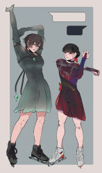  absurdres black_hair blunt_bangs border braid braided_bun bridal_sleeves brown_hair chisa_(wuthering_waves) dress full_body green_dress hair_bun highres ice_skates lynae_(mercenary)_(wuthering_waves) lynae_(wuthering_waves) olympics red_dress red_eyes see-through_clothes see-through_dress short_hair skates stretching swordheists white_border wuthering_waves 