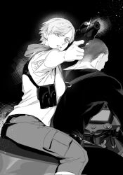  1boy 1girl black_background black_shirt cargo_pants commentary_request crosshatching furrowed_brow greyscale gun handgun hatching_(texture) highres holding holding_gun holding_weapon jake_muller jngcng965604 monochrome motor_vehicle motorcycle on_motorcycle pants parted_lips resident_evil resident_evil_6 scarf screentones sherry_birkin shirt short_hair sleeves_rolled_up upper_body very_short_hair weapon white_shirt 