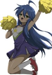  ahoge blue_hair blush cheerleader commentary_request flat_chest genkai_kachiku green_eyes highres izumi_konata jumping long_hair lucky_star miniskirt mole mole_under_eye pom_pom_(cheerleading) red_shoes shoes skirt socks star_(symbol) white_socks 
