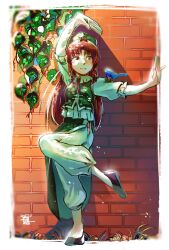  1girl animal_on_arm arm_up bird bird_on_arm black_shoes blue_bird border braid brick_wall commentary_request full_body grass green_hat green_skirt green_vest hat hat_ornament highres hong_meiling kokechankokko leg_up long_hair outstretched_arm pants plant red_hair shirt shoes skirt solo star_(symbol) star_hat_ornament touhou twin_braids vest vines white_border white_pants white_shirt 