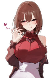 1girl absurdres backstage3971 bare_shoulders breasts commentary_request half-closed_eyes heart highres large_breasts momose_meru_(merusabusabu) ok_sign red_eyes short_hair tongue tongue_out white_background 