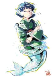  1girl blue_hair commentary_request dated fins frilled_kimono frills full_body green_kimono head_fins highres japanese_clothes jitome kimono kokechankokko long_sleeves merfolk mermaid monster_girl obi parted_lips puff_of_air sash short_hair sideways_glance solo touhou wakasagihime white_background 