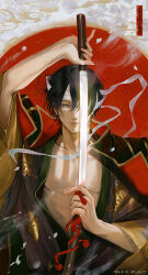  1boy absurdres arm_up bandage_over_one_eye black_hair brown_eyes collarbone commentary_request dated fingernails gintama hair_between_eyes highres holding holding_sheath holding_sword holding_weapon japanese_clothes katana kimono male_focus open_clothes open_kimono purple_kimono riz3 sheath smile solo sword takasugi_shinsuke unsheathing weapon 