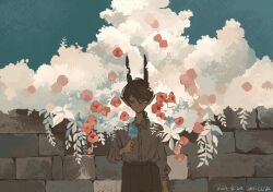  1boy black_pants blue_sky braid braided_ponytail closed_mouth collared_shirt commentary_request dark-skinned_male dark_skin dot_nose flower food highres holding holding_food holding_popsicle horns ice_god_(jimini_shijimi) jimini_shijimi long_hair long_sleeves looking_at_viewer original outdoors pants pointy_ears popsicle shirt short_eyebrows sky sleeves_rolled_up solo standing stone_wall straight-on sweatdrop 