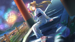 1girl absurdres aerial_fireworks alternate_costume alternate_hairstyle arm_at_side black_sandals blonde_hair blue_eyes blue_nails blush candy_apple cityscape commentary_request dutch_angle fireworks floating_hair food fox_mask full_body hair_between_eyes hair_bun hair_ornament hand_up highres holding holding_candy_apple holding_food japanese_clothes kimono legs_together long_hair long_sleeves mask mask_on_head mountainous_horizon nail_polish night open_mouth outdoors sandals scenery shirayuki_noa sidelighting sidelocks single_hair_bun sitting sitting_on_stairs sky smile solo stairs tenshi_souzou_re-boot! toenail_polish toenails toes torii twintails user_kwut4882 white_kimono wide_sleeves wing_hair_ornament yukata 