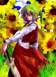  1girl ascot blue_sky cha_syu_oic closed_mouth closed_umbrella cowboy_shot field flower flower_field from_side grass green_hair grid_print highres holding holding_umbrella kazami_yuuka light_smile long_sleeves looking_at_viewer looking_to_the_side medium_hair open_clothes open_vest outdoors red_eyes red_skirt red_vest shirt skirt sky standing sunflower sunflower_field touhou umbrella vest white_shirt yellow_ascot 