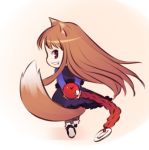  apple brown_hair chibi food fruit futaba_jun holding holding_fruit holo long_hair looking_back lowres red_eyes smile spice_and_wolf tail wolf_ears wolf_tail 
