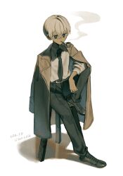  1boy 2024 belt black_belt black_necktie black_pants black_shoes brown_coat chair coat coat_on_shoulders collared_shirt commentary_request crossed_bangs dark-skinned_male dark_skin dated elbow_on_knee feet_on_chair hair_between_eyes highres invisible_floor jimini_shijimi knee_up long_sleeves looking_ahead necktie on_stool original pants shirt shoes short_hair simple_background sitting smoking smoking_pipe smoking_pipe_in_mouth solo stool translation_request white-haired_man_(jimini_shijimi) white_background white_hair 