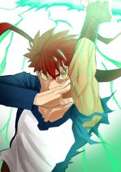  1boy commentary_request emiya_shirou fate/stay_night fate_(series) glowing glowing_eyes highres magic magic_circuit male_focus messy_hair muscular_arms raglan_sleeves red_hair showyou0222 shroud_of_martin solo spiky_hair torn_clothes yellow_eyes 