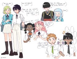  3boys 6+girls absurdres afro_puffs agott_arklaum_(tongari_boushi_no_atelier) alternate_costume angry backpack bag bandaid bandaid_on_face black_eyes black_hair black_shirt blonde_hair blue_eyes blue_hair blue_jacket blush braid buttons clenched_hands coco_(tongari_boushi_no_atelier) collared_shirt curly_hair custas_(tongari_boushi_no_atelier) dark-skinned_female dark-skinned_male dark_skin double-breasted double_bun eating english_text euini_(tongari_boushi_no_atelier) full_body green_eyes green_hair hair_bun hair_tie highres ininia_(tongari_boushi_no_atelier) jacket jujy_(tongari_boushi_no_atelier) kneehighs layered_clothes long_bangs long_hair long_sleeves multiple_boys multiple_girls necktie nudge official_alternate_costume orange_hair pants pink_eyes pink_hair purple_hair ribbon richeh_(tongari_boushi_no_atelier) school_bag school_uniform shirt shoes short_bangs short_hair short_sleeves skirt smile socks speech_bubble sweat sweater talking tartah_(tongari_boushi_no_atelier) tetia_(tongari_boushi_no_atelier) tongari_boushi_no_atelier twitter_username upper_body vest violet_eyes wavy_hair white_background white_pants white_shirt white_skirt youshie 