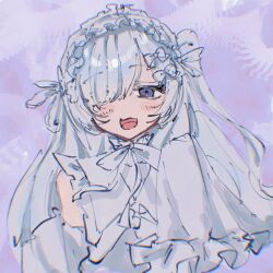  1girl bare_shoulders detached_sleeves dress frilled_dress frilled_hairband frilled_sleeves frills hair_over_one_eye hairband lolita_hairband long_hair long_sleeves looking_at_viewer mahou_shoujo_no_majo_saiban minna_de_zutto_shiawase_ni_kazoku_de_issho_ni_tanoshii_party_wo natsume_an-an neck_ribbon official_alternate_costume omegayukichi one_eye_covered open_mouth purple_background ribbon sleeves_past_fingers sleeves_past_wrists smile solo upper_body violet_eyes white_hair white_hairband wide_sleeves 