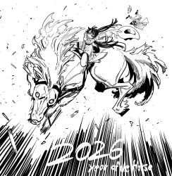  1boy 1girl 1other 2026 absurdres akira_slide chinese_zodiac cow_girl cowboy_hat dress english_text falling hair_ribbon happy_new_year hat highres horse looking_at_viewer monochrome monster original ponytail ribbon saddle size_difference smile ssambatea year_of_the_horse 