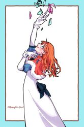  1girl annette_fantine_dominic annette_fantine_dominic_(timeskip) aqua_flower blue_border blue_eyes border capelet commentary dress fire_emblem fire_emblem:_three_houses flower from_side gloves highres komugiko_jiro13 looking_up open_mouth orange_capelet orange_hair pink_flower simple_background smile solo tossing untranslatable_commentary white_background white_dress white_gloves 