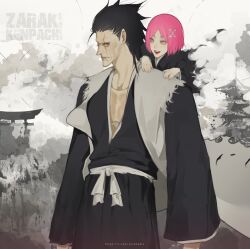  1boy 1girl architecture belt black_hair black_kimono bleach bleach:_sennen_kessen-hen bone_hair_ornament child closed_mouth commentary_request east_asian_architecture hair_ornament hair_slicked_back highres japanese_clothes kimono kusajishi_yachiru mature_male medium_hair on_shoulder open_mouth parted_bangs pink_eyes pink_hair scar scar_across_eye scar_on_face shihakusho short_hair smile torii twitter_username white_belt yorumudts zaraki_kenpachi 