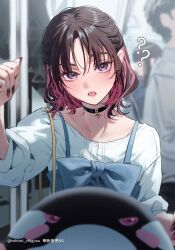  1girl black_choker blue_bow bow brown_hair chigusa_minori choker colored_inner_hair commentary_request female_pov highres long_hair multicolored_hair open_mouth people pink_hair pov shino_to_ren shirayuki_ren shirt solo_focus stuffed_whale train_interior violet_eyes white_shirt 