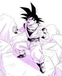  amayuki318 belt black_hair boots clenched_hands collarbone dougi dragon_ball dragon_ball_z earrings highres jewelry looking_up muscular muscular_male open_mouth partially_colored pectorals potara_earrings rock short_sleeves simple_background son_goku spiky_hair teeth thick_eyebrows undershirt white_background wristband 