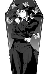  1boy absurdres ascot bags_under_eyes brooch bug butterfly butterfly_over_eye coat coffin collared_shirt commentary_request cowboy_shot curtained_hair e.g.o_(project_moon) empty_eyes from_above gem gloves greyscale hair_between_eyes hair_down hand_on_own_hip hand_on_own_shoulder highres jewelry korean_commentary limbus_company long_hair long_sleeves looking_at_viewer lying male_focus monochrome on_back one_eye_covered open_clothes open_coat parted_lips project_moon purple_gem sanpaku self_hug shirt simple_background solemn_lament_(e.g.o) solo spot_color suit suit_pants u_pu_u vest white_background white_shirt yi_sang_(project_moon) 