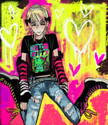  1girl black_ribbon black_shirt blonde_hair blue_eyes denim elbow_gloves emo_fashion fingerless_gloves full_body gloves green_eyes hair_ribbon heart highres jeans multicolored_hair original pants pink_hair rentizlaurentiz ribbon scene_fashion shirt short_hair silver_tiara striped_clothes striped_gloves t-shirt tiara 