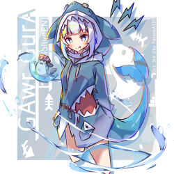  1girl animal_hood bloop_(gawr_gura) blue_eyes blue_hoodie blue_streaks blunt_bangs blush border bright_pupils closed_mouth commentary_request cropped_legs drop_shadow fang fang_out fins fish_tail gawr_gura grey_background highres hololive hololive_english hood hood_up hoodie long_sleeves looking_at_viewer multicolored_hair outside_border shark_girl shark_hood shark_tail short_hair sidelocks solo streaked_hair tail tetenka virtual_youtuber white_border white_hair white_pupils 