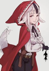  1girl animal_ears brown_corset brown_gloves corset cowboy_shot fire_emblem fire_emblem_fates gloves grey_hair grey_tail highres hood hood_up long_hair misokatsuhaumai multicolored_hair red_eyes red_hood simple_background tail two-tone_hair velouria_(fire_emblem) white_background wolf_ears wolf_girl wolf_tail 