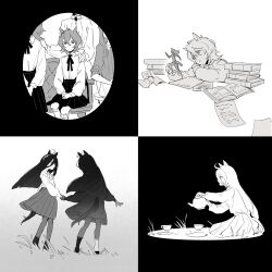  6+girls agnes_tachyon_(umamusume) armchair back book book_stack chair coffeeseal collared_shirt commentary cup doll grass greyscale head_out_of_frame highres holding holding_doll holding_hands holding_teapot manhattan_cafe_(umamusume) monochrome multiple_girls open_book paper paper_doll pleated_skirt saucer shirt short_hair sitting skirt spot_color teacup teapot umamusume untranslatable_commentary yellow_eyes 