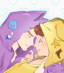  2boys alternate_costume animal_ear_hood animification brooch brown_hair buzz_lightyear hood hoodie jewelry long_sleeves male_focus multiple_boys nhbzzdy open_mouth purple_hood sheriff_woody shirt short_hair simple_background toy_story white_background 