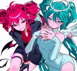  2girls absurdres ahoge angel angel_wings aqua_eyes aqua_hair bare_shoulders black_gloves black_jacket black_shorts blue_nails blush bracelet collar collared_shirt commentary_request cowboy_shot demon_horns demon_tail demon_wings detached_sleeves dixretsa dress drill_hair ear_piercing frilled_collar frilled_sleeves frills gloves hair_between_eyes hatsune_miku highres horns interlocked_fingers jacket jewelry kasane_teto light_smile long_hair long_sleeves looking_at_viewer multiple_girls open_collar own_hands_together piercing red_eyes red_hair red_shirt shirt shorts simple_background smile tail thigh_strap twin_drills twintails utau vocaloid white_background white_dress white_wings wings 