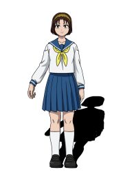  1girl black_shoes blue_sailor_collar blue_skirt brown_eyes brown_hair drop_shadow hairband headband let's_go_kaikigumi loafers looking_at_viewer neckerchief occult_club_representative_(let's_go_kaikigumi) official_art pleated_skirt sailor_collar sanpaku school_uniform serafuku shadow shirt shoes short_hair skirt smile socks solo straight-on tachi-e transparent_background white_shirt white_socks yellow_headband yellow_neckerchief 