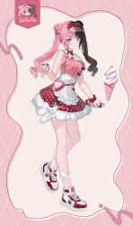  1girl absurdres apron bag blue_eyes brown_hair closed_mouth commentary_request double_bun food food_print fruit_print full_body hair_bun heart-shaped_bag highres ice_cream isaya_(pixiv4541633) looking_at_viewer multicolored_hair pink_bag pink_hair pink_shirt red_scrunchie red_skirt scrunchie shirt shoes skirt sleeveless sleeveless_shirt socks solo split-color_hair standing strawberry_print tachibana_hinano twintails two-tone_hair virtual_youtuber visor_cap vspo! white_apron white_shoes white_socks wrist_scrunchie 