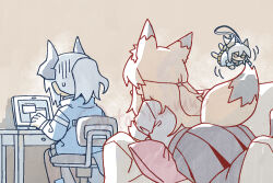  2girls animal_ears arknights at_computer black_skirt blue_jacket brown_background brown_hair chair character_doll charm_(object) chibi couch desk doll dragon_girl dragon_horns fox_ears fox_girl fox_tail franka_(arknights) grey_hair grey_shirt horns jacket konno_akikaze liskarm_(arknights) long_hair long_sleeves lying multiple_girls on_couch on_stomach ponytail shirt simple_background sitting skirt tail 