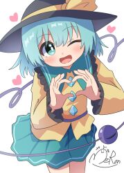  1girl absurdres black_hat blush bow buttons collared_shirt commentary_request diamond_button disembodied_linked_eye eyeball four-finger_heart_hands frilled_shirt_collar frilled_sleeves frills green_eyes green_hair green_skirt hat hat_bow heart heart_day heart_hands heart_of_string high_meron highres komeiji_koishi long_sleeves looking_at_viewer one_eye_closed shirt signature simple_background skirt solo touhou white_background wide_sleeves yellow_bow yellow_shirt 