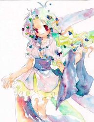  1girl 2000s_(style) commentary_request dress feet_out_of_frame frilled_dress frills grey_dress grey_hair hagoromo long_hair looking_at_viewer mikoru original painting_(medium) pointy_ears red_eyes shawl simple_background solo traditional_media watercolor_(medium) wavy_hair white_background 