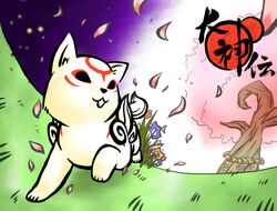  cherry_blossoms chibiterasu dog faux_traditional_media flower nekomiso okami okamiden puppy tree 