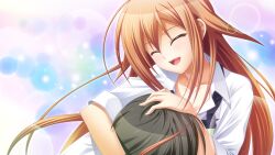  1boy 1girl apron arm_around_neck black_hair brown_hair close-up closed_eyes collarbone collared_shirt dress_shirt facing_down game_asset hand_on_another's_head hug long_hair long_sleeves non-web_source open_collar open_mouth orange_memories sasakura_miharu self-datamine shirt sleeves_rolled_up white_shirt zinno 