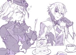  2girls ahoge arlecchino_(genshin_impact) ascot asymmetrical_gloves back_bow blush bow cake cake_slice claws closed_eyes closed_mouth commentary cup drill_hair drill_sidelocks eating empty_eyes english_commentary eyelashes food food_on_face fork fruit furina_(genshin_impact) gem genshin_impact gloves hair_between_eyes hand_on_own_face hands_up happy hat hat_bow highres holding holding_fork icing jacket jewelry kiwiteamlp lapels long_sleeves looking_at_another mismatched_gloves monochrome multicolored_hair multiple_girls multiple_rings open_clothes open_jacket pendant plate ring shirt short_hair sidelocks simple_background sitting smile strawberry table tea tea_party teacup top_hat two-tone_hair upper_body vest vision_(genshin_impact) wavy_hair 