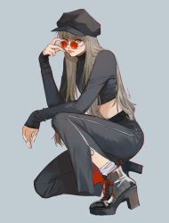  1girl belt black_belt black_boots black_hat black_shirt boots brown_eyes brown_hair character_request commentary_request copyright_request crop_top from_side hair_over_shoulder hat high_heel_boots high_heels highres huangdanlan long_hair long_sleeves news on_one_knee pantsleg_zipper red-tinted_eyewear round_eyewear shirt single_stripe sleeves_past_wrists socks solo tinted_eyewear white_socks zipper_pull_tab 