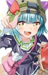  +_+ 1girl :d absurdres arm_up bag black_neckerchief black_serafuku black_shirt black_skirt blue_hair blush bob_cut commentary_request cowboy_shot crab_claw eyes_visible_through_hair fake_horns fang feeding_viewer food fragrice fruit hair_between_eyes handbag heaven_burns_red helmet highres holding holding_food holding_fruit horned_helmet horns leaf long_sleeves looking_at_viewer medium_hair miniskirt neckerchief open_mouth pink_bag pleated_skirt pov sailor_collar school_uniform serafuku shirt signature simple_background skin_fang skirt smile solo sparkle strawberry v-shaped_eyebrows white_background white_sailor_collar yamawaki_bon_ivar yellow_eyes 
