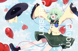  1girl absurdres balloon black_hat blush bow buttons collared_shirt comiket_108 commentary_request cover cover_page diamond_button disembodied_linked_eye doujin_cover english_text eyeball floral_print frilled_shirt_collar frilled_sleeves frills green_eyes green_hair green_skirt hat hat_bow heart heart_balloon heart_of_string highres komeiji_koishi long_sleeves looking_at_viewer missing_headwear open_mouth print_skirt rose_print shirt skirt smile solo touhou unworn_headwear wide_sleeves yellow_bow yellow_shirt you_(noanoamoemoe) 