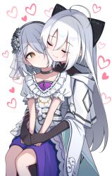  2girls age_regression aged_down ahoge black_bow black_collar black_gloves bow closed_eyes collar collarbone commentary_request dress duel_masters duel_masters_play's elbow_gloves flower gloves grey_flower grey_hair hair_bow hair_flower hair_ornament hair_over_one_eye heart highres kanon_(duel_masters) long_hair medium_hair multiple_girls noria_nada purple_skirt short_sleeves simple_background skirt veil wedding_(duel_masters) white_background white_dress white_hair yellow_eyes 