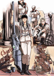  1girl 3boys absurdres beam_cannon black_hair chuck_keith earth_federation fuyuanning genderswap genderswap_(mtf) glasses gundam gundam_0083 headphones helmet highres kou_uraki military_uniform multiple_boys reverse_trap rubble sitting 
