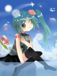   aqua_hair clouds eyes flower happy hatsune_miku sitting skirt sky tail vocaloid water wink yumimitsuki  