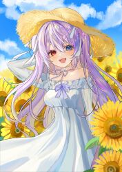  1girl :d absurdres bare_shoulders blue_ribbon blue_sky bow choker clouds collarbone commentary_request commission dress flower frilled_choker frilled_dress frills hanayoi_mishiro hat heterochromia highres long_hair long_sleeves off_shoulder original outdoors purple_bow purple_hair ribbon skeb_commission sky smile solo straw_hat sunflower teeth upper_teeth_only very_long_hair white_dress 