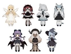  6+girls angel angel_wings animal_ear_piercing animal_ears antlers bandaged_leg bandages bare_shoulders bat_wings black_bloomers black_bow black_bowtie black_capelet black_choker black_dress black_eyes black_hair black_hairband black_lips black_pantyhose black_ribbon black_shoes black_skirt blonde_hair bloomers bow bowtie brown_eyes brown_hair butterfly_hair_ornament butterfly_ornament capelet cat_ears cat_girl cat_tail chain choker collared_dress colored_skin cracked_skin crescent criss-cross_straps cross cross-laced_clothes cross-laced_dress curly_hair curly_sidelocks dark-skinned_female dark_skin deer_antlers deer_ears deer_girl demon demon_girl demon_horns demon_tail demon_wings doll_joints dress fishnet_kneehighs flower frilled_capelet frilled_dress frilled_dress_collar frilled_sleeves frilled_socks frilled_thigh_strap frilled_wrist_cuffs frills garter_straps gem ghost ghost_girl ghost_hair_ornament glasses gold_chain gothic_lolita gradient_eyes gradient_hair grey_bow grey_dress grey_eyes grey_skin grey_socks greyscale hair_bow hair_ornament hair_ribbon hair_wings hairband hairclip hat head_wings high-low_dress horns jewelry joints juliet_sleeves kneehighs lace lace-trimmed_bow lace-trimmed_dress lace_trim layered_dress layered_skirt layered_sleeves lolita_fashion lolita_hairband long_hair long_sleeves low_drills monochrome multicolored_eyes multicolored_hair multiple_girls naiguozi no_pupils original pantyhose pearl pendant_choker piercing puffy_short_sleeves puffy_sleeves purple_hair red_eyes red_hair ribbon ringlets rose round_eyewear see-through_clothes see-through_legwear shoes short_hair short_sleeves skirt skull_ornament sleeves_past_fingers sleeves_past_wrists socks sparkle star_(symbol) star_hair_ornament streaked_hair striped_clothes striped_socks tail tail_bow tail_ornament tears thick_eyebrows thigh_strap torn_clothes torn_ribbon twintails vertical-striped_clothes vertical-striped_socks very_long_hair wavy_hair white_background white_bow white_bowtie white_flower white_hair white_hairband white_ribbon white_rose white_shoes wide_sleeves wing_hair_ornament wings witch witch_hat wrist_cuffs 
